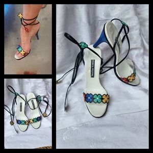 RARE VINTAGE 70s ANDREA PFISTER TIE‎ UP FLOWER HEEL